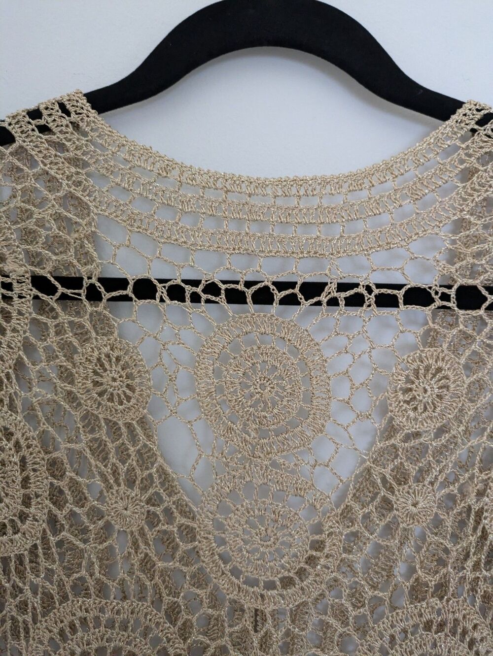 Crochet Bolero SZ M Gold Crop 3/4 Sleeve Festival Boho Fairy Cottage Coachella - Picture 7 of 13